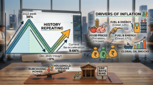 An economic analysis workspace featuring a financial graph, inflation drivers, and monetary impact icons.