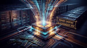Server processor chip emitting glowing data streams in a data center with a "MEMORY SHORTAGE" warning overlay and RAM modules scattered nearby.
