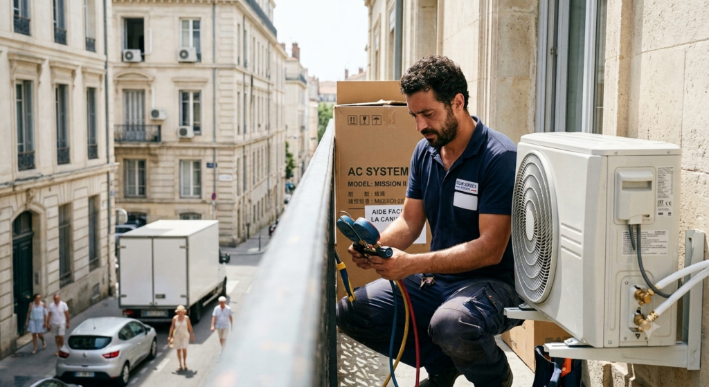 A technician installing an outdoor air conditioning unit on a balcony in a classic French neighbourhood.
