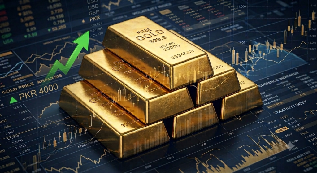 A stack of shiny gold bullion bars sitting on top of a dark financial stock market screen showing charts and graphs. On the left side, a green upward-pointing arrow indicates a rising trend next to text displaying "PKR 4000" with a green triangle icon.
