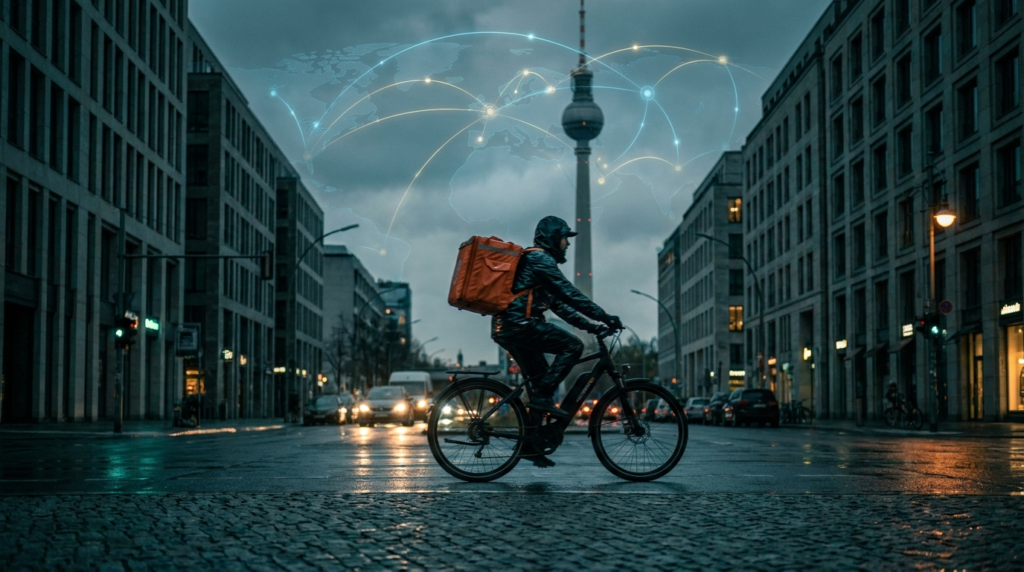 A food delivery courier on an electric bike riding through a Berlin street at dusk, with the Berlin TV tower on the skyline and glowing network lines overhead