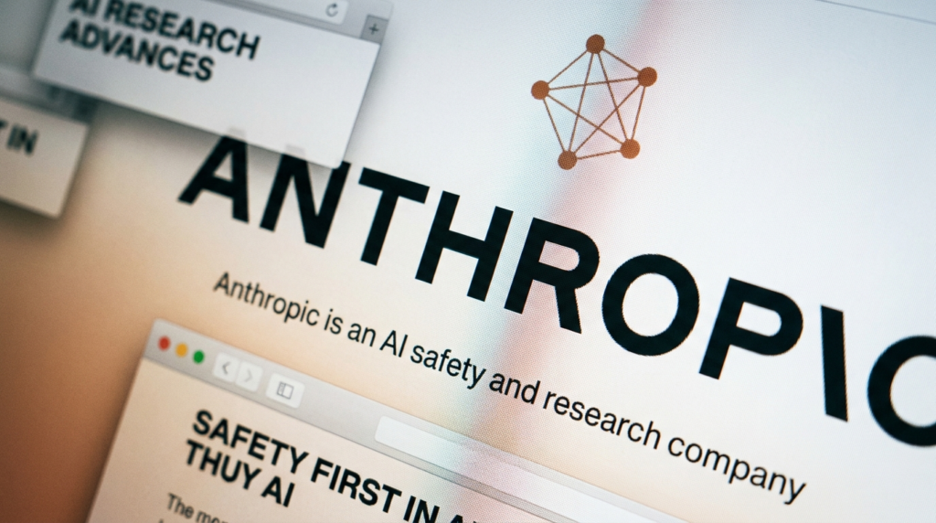 Close-up photograph of a computer monitor displaying the Anthropic website with the company name and AI safety tagline visible on screen.
