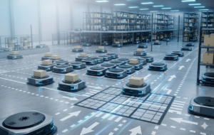 An automated fulfillment warehouse floor filled with Chinese AGV robots moving retail market merchandise along guided pathways.