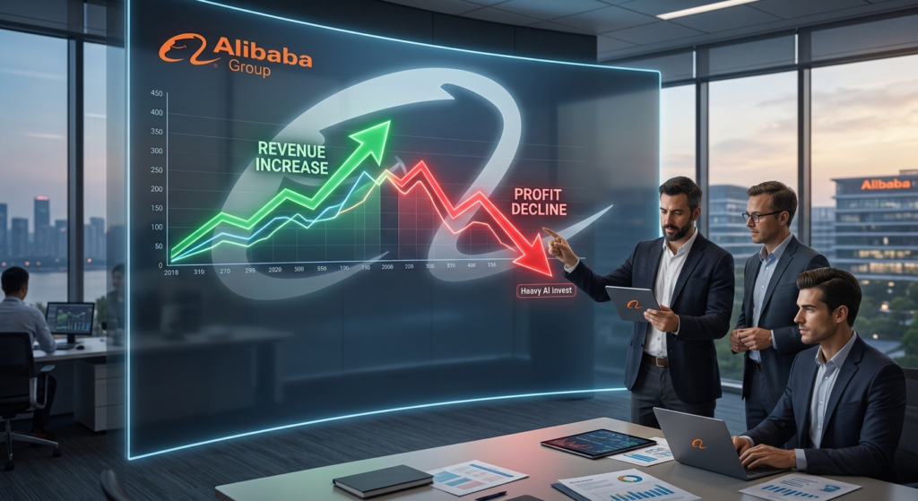 Businessmen reviewing a digital chart showing rising revenue but a sharp profit decline for Alibaba Group.