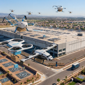 Amazon Prime Air delivery drones carrying packages and taking off from designated launchpads outside a massive fulfillment center warehouse.