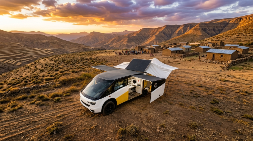 An off-road mobile medical clinic van with solar panels and a tent canopy deployed in a remote mountainous village.