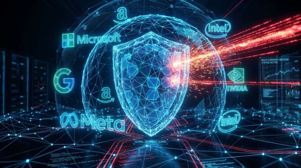 Cybersecurity concept graphic showing a glowing digital shield defense system surrounded by tech logos like Microsoft, Meta, Google, Amazon, Intel, and Nvidia.
