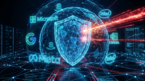 Cybersecurity concept graphic showing a glowing digital shield defense system surrounded by tech logos like Microsoft, Meta, Google, Amazon, Intel, and Nvidia.