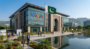 A modern multi-story Google office building in Islamabad, Pakistan, featuring stone arches, a reflecting pool, and a large national flag under a clear sky.