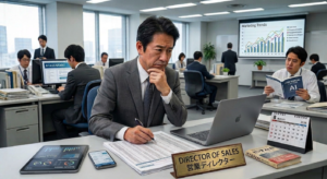 A Japanese Director of Sales sits and tackles AI at his office desk equipped with a tablet, smartphone, laptop, and calendar.