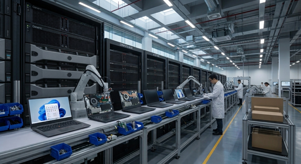 A technician monitors robotic arms assembling laptops in a modern data center manufacturing facility.