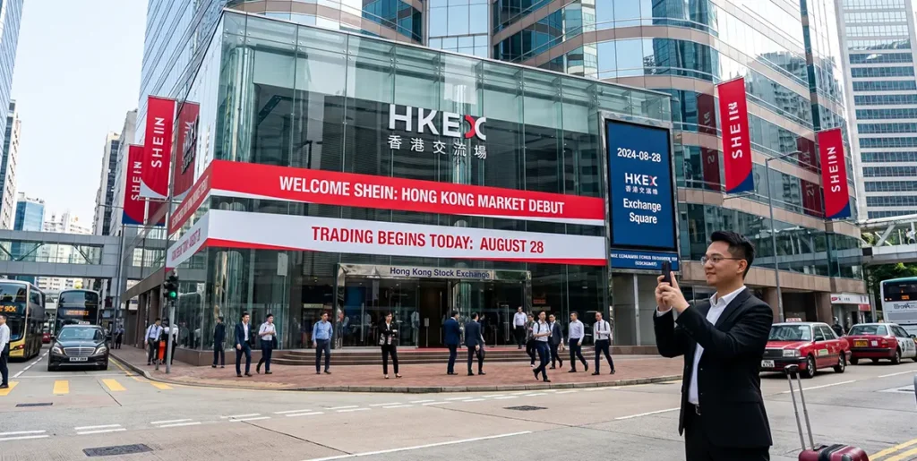 Shein banners and promotional displays adorn the exterior of the Hong Kong Stock Exchange building.