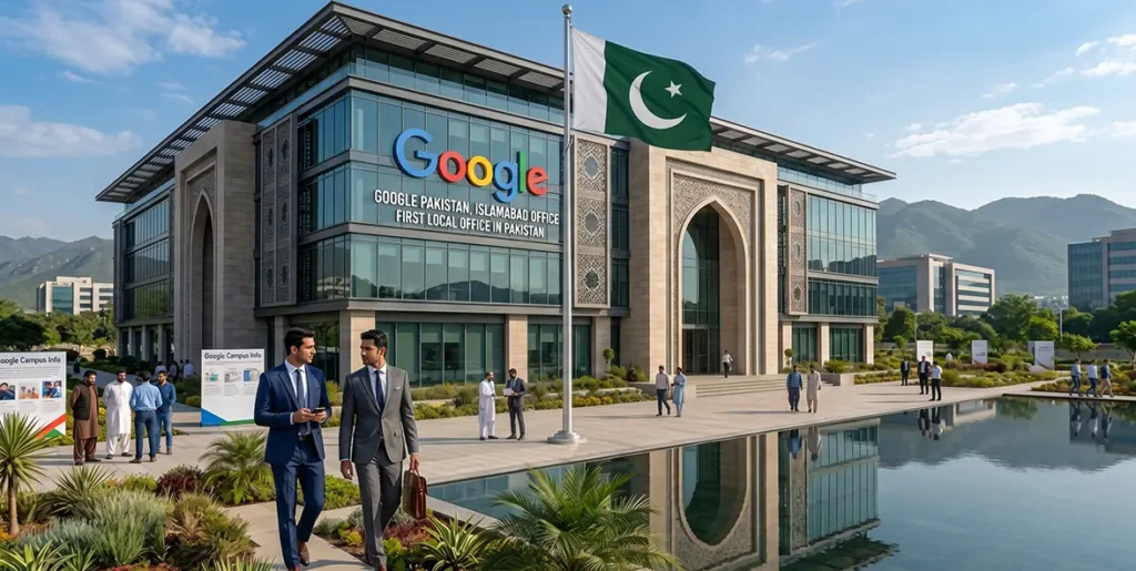 A modern glass-and-stone office with a Google logo and sign reading “Google Pakistan, Islamabad Office,” a Pakistani flag, and two businessmen walking beside a reflecting pool with hills behind.
