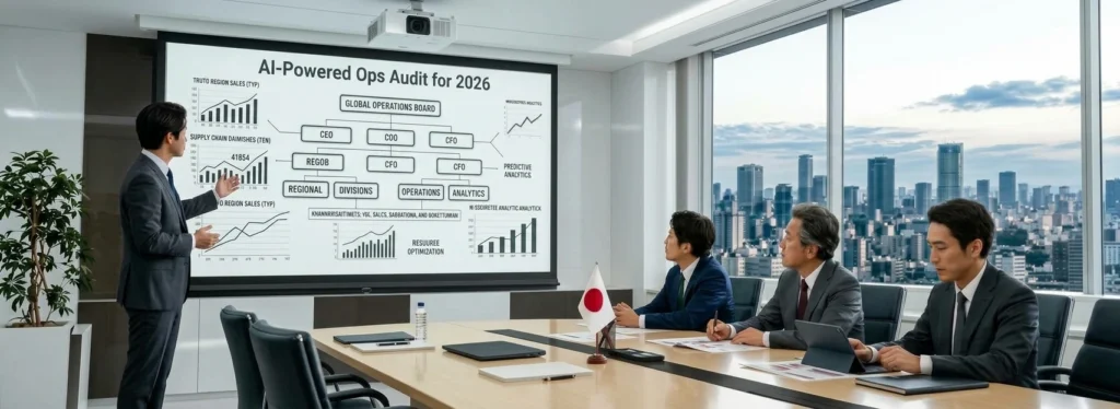 A presenter leads a corporate meeting in a modern boardroom, gesturing to an "AI-Powered Ops Audit for 2026" presentation screen. Three executives watch from a conference table set against a backdrop of floor-to-ceiling windows overlooking a city skyline.