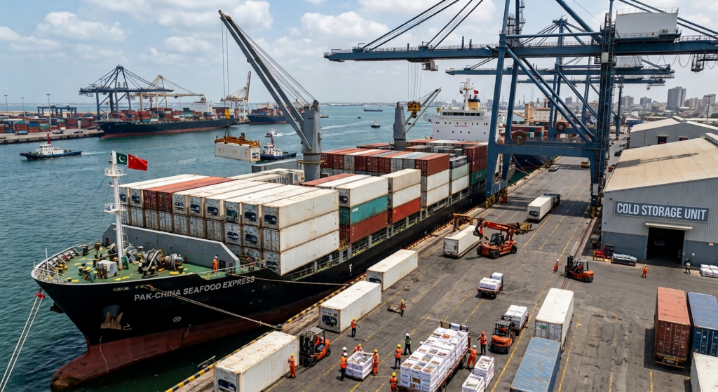 A high-angle view of a busy shipping port for Pakistan seafood exports China with cranes loading containers onto a cargo ship docked beside a "Cold Storage Unit" warehouse.