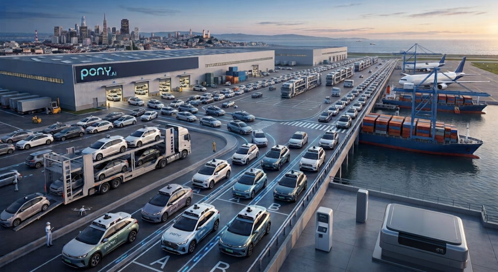 A coastal logistics hub filled with rows of Pony.ai autonomous self-driving cars, car carrier trucks, and cargo ships at sunset.