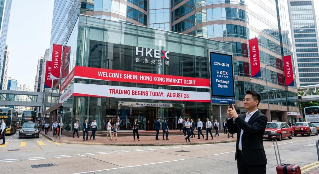 Shein banners and promotional displays adorn the exterior of the Hong Kong Stock Exchange building.