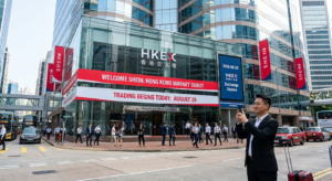 Shein banners and promotional displays adorn the exterior of the Hong Kong Stock Exchange building.