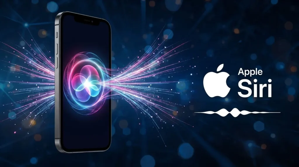 An iPhone displaying a glowing, colorful Siri AI waveform, with the Apple logo and "Apple Siri" text on a dark blue background.