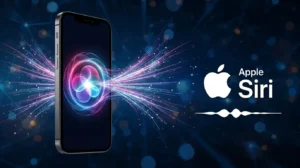 An iPhone displaying a glowing, colorful Siri AI waveform, with the Apple logo and "Apple Siri" text on a dark blue background.