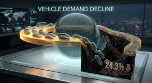 A 3D digital infographic showing a vehicle demand decline chart of 24.3% from July to November with miniature cars on a timeline.