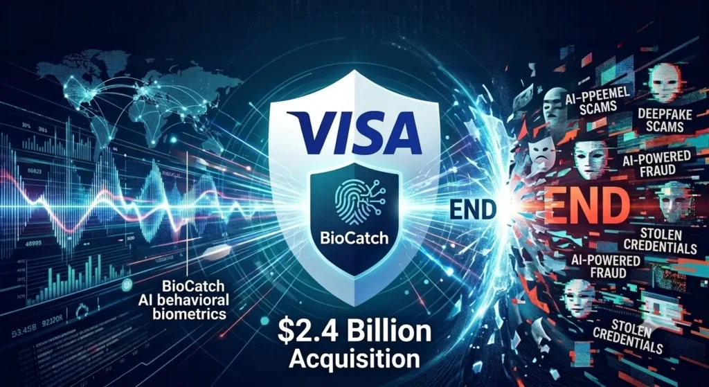 A digital graphic showing a Visa and BioCatch shield defending against cyber threats, labeled "$2.4 Billion Acquisition."