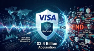 A digital graphic showing a Visa and BioCatch shield defending against cyber threats, labeled "$2.4 Billion Acquisition."