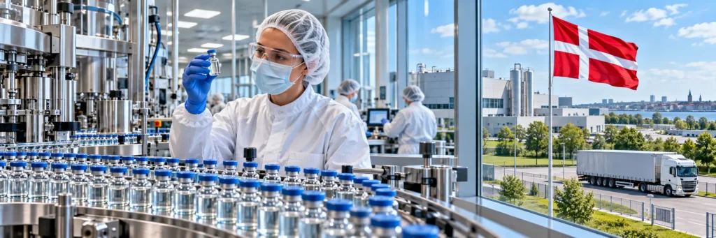 A laboratory scientist inspects a medical vial on an automated pharmaceutical production line under the Danish flag.