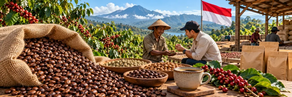 Farmers processing freshly harvested coffee beans at a plantation under the Indonesian flag.