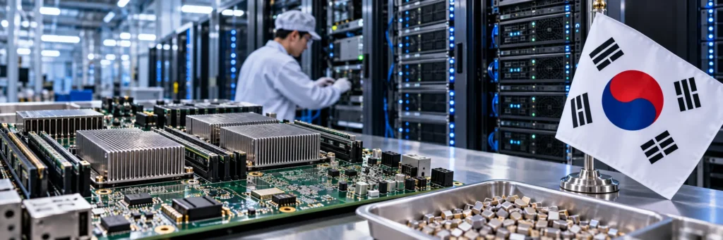 A technician assembles advanced AI server motherboards inside a data center cleanroom flying the South Korean flag.