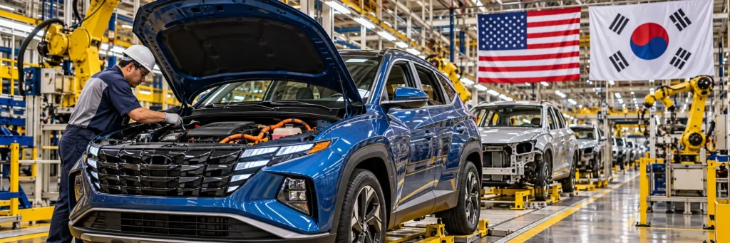 An automotive worker checks a hybrid SUV engine on an assembly line underneath US and South Korean flags.