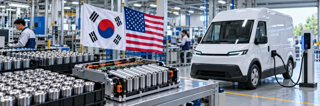 A white commercial electric delivery van parked next to assembled cylindrical battery packs at a manufacturing plant.