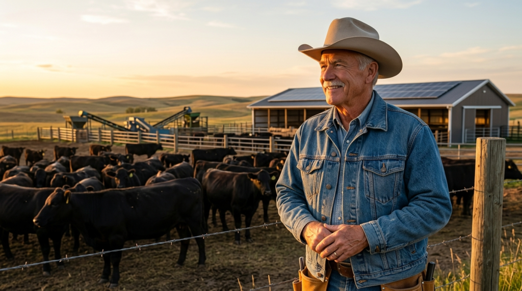 A smiling rancher in a cowboy hat and denim jacket standing by a barbed-wire fence with a cattle herd and solar-powered barn behind him.