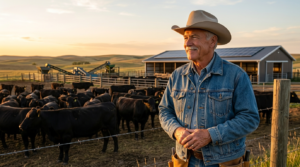 A smiling rancher in a cowboy hat and denim jacket standing by a barbed-wire fence with a cattle herd and solar-powered barn behind him.