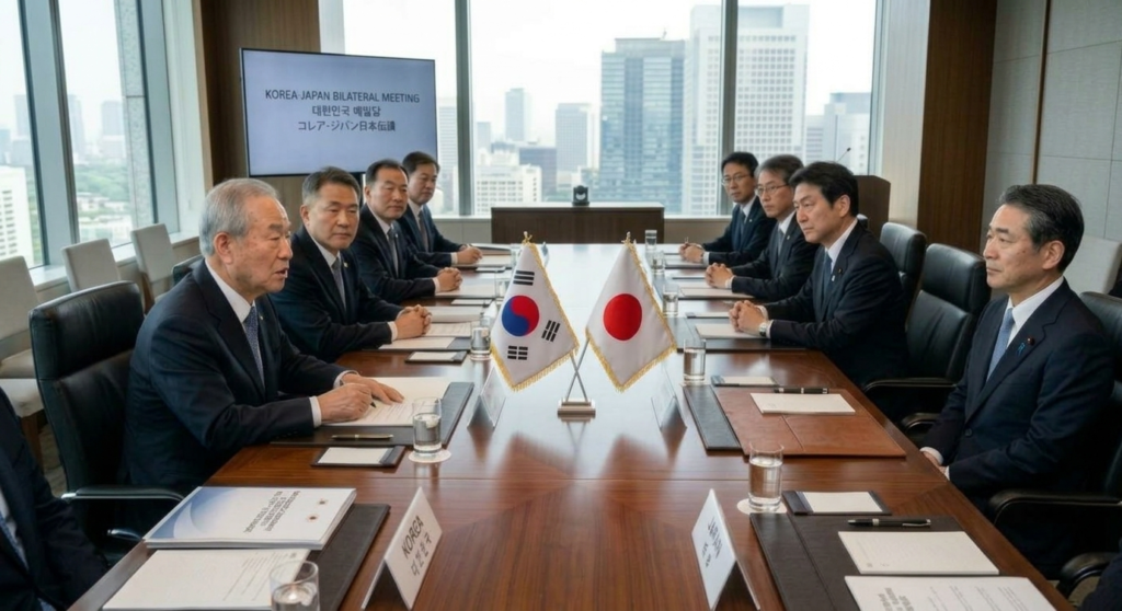 Korean and Japanese delegations in dark suits face each other across a long wooden conference table with both national flags, beneath a “Korea-Japan Bilateral Meeting” screen.