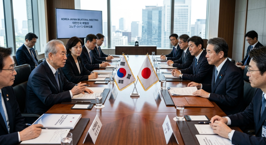 Korean and Japanese delegations participating in a formal bilateral meeting around a large conference table.