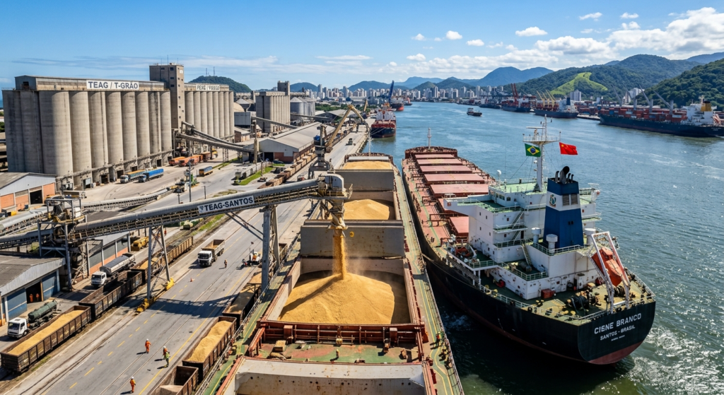 An aerial view of a large cargo ship, Ciene Branco, being loaded with grain at a busy port terminal in Santos, Brazil.