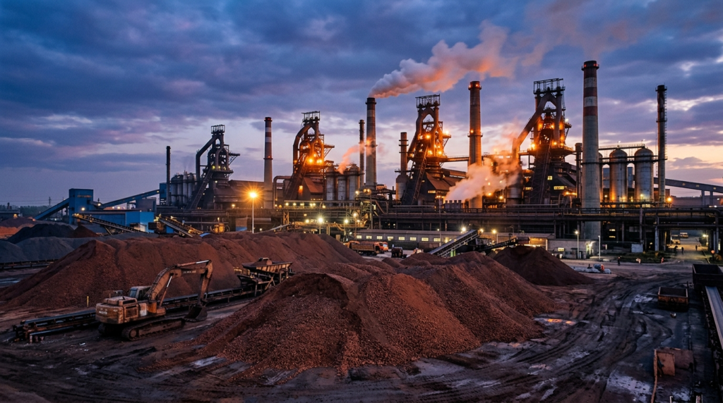 Large industrial steel plant with smoking chimneys and piles of raw materials at sunset.