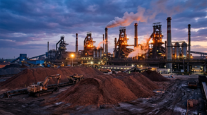 Large industrial steel plant with smoking chimneys and piles of raw materials at sunset.