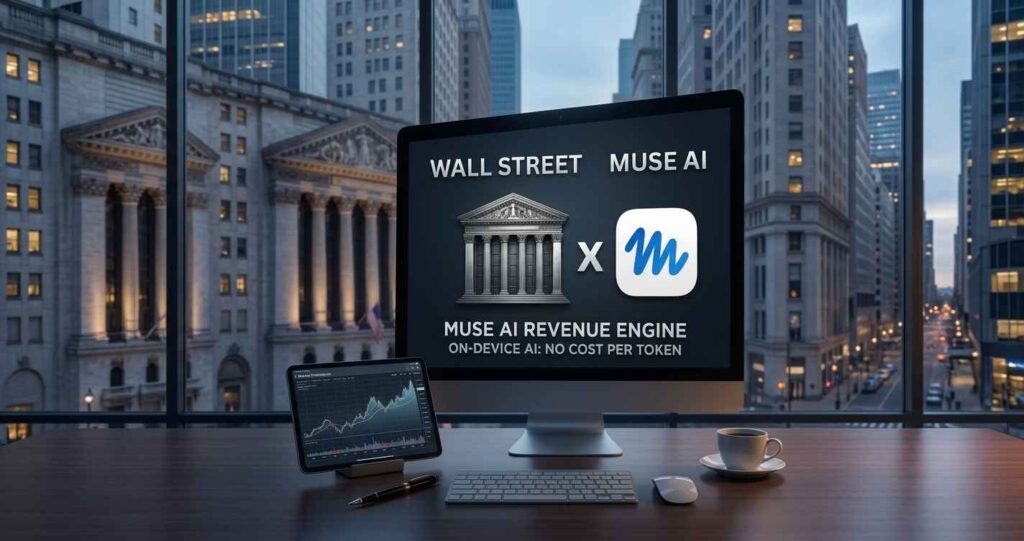 A computer monitor in a corporate office featuring a Wall Street building icon alongside the blue Muse app logo, illustrating how Wall Street expects Meta's Muse AI to drive new revenue.
