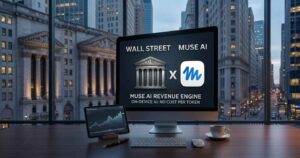 A computer monitor in a corporate office featuring a Wall Street building icon alongside the blue Muse app logo, illustrating how Wall Street expects Meta's Muse AI to drive new revenue.