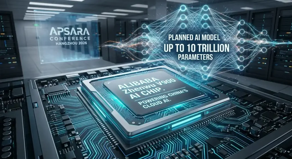 A close-up of a high-tech Zhenwu V900 processor inside a server data center, showing that Alibaba introduces a new AI chip and plans a model with up to 10 trillion parameters.