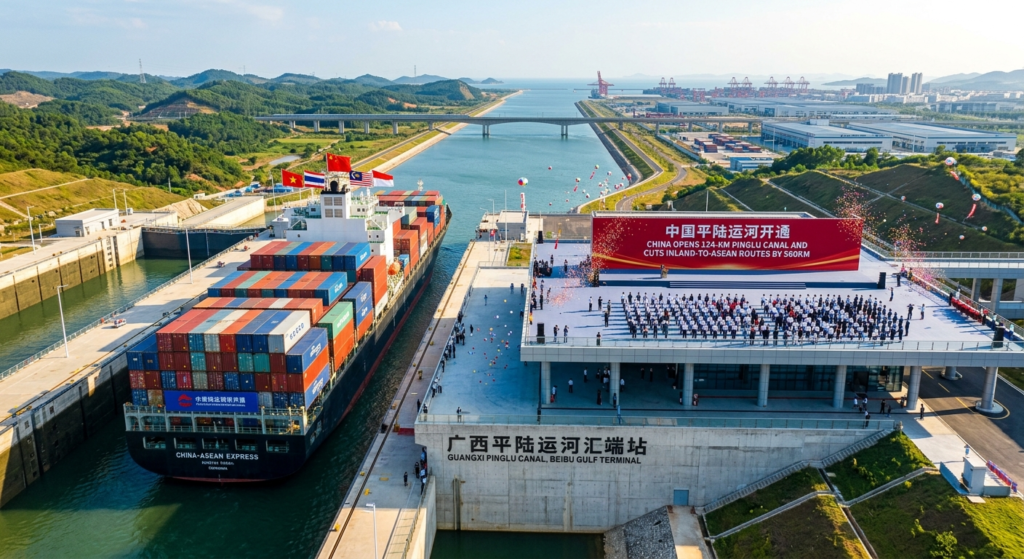 A large cargo ship navigating the Guangxi Pinglu Canal during a grand opening ceremony at the Beibu Gulf Terminal.