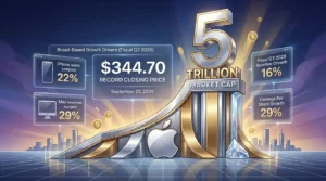 A financial graphic showing growth metrics and a 5 Trillion Market Cap monument alongside the Apple logo, highlighting how Apple makes history by hitting a $5 trillion milestone as shares close at a record high.