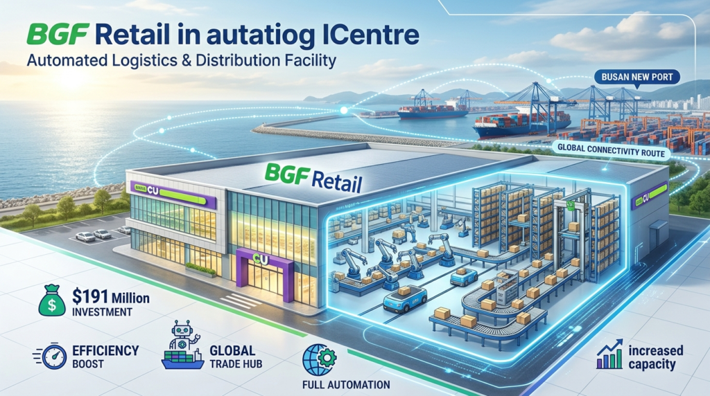 An infographic showing a cross-section of a BGF Retail automated facility next to a port, detailing a $191 million investment in full automation.