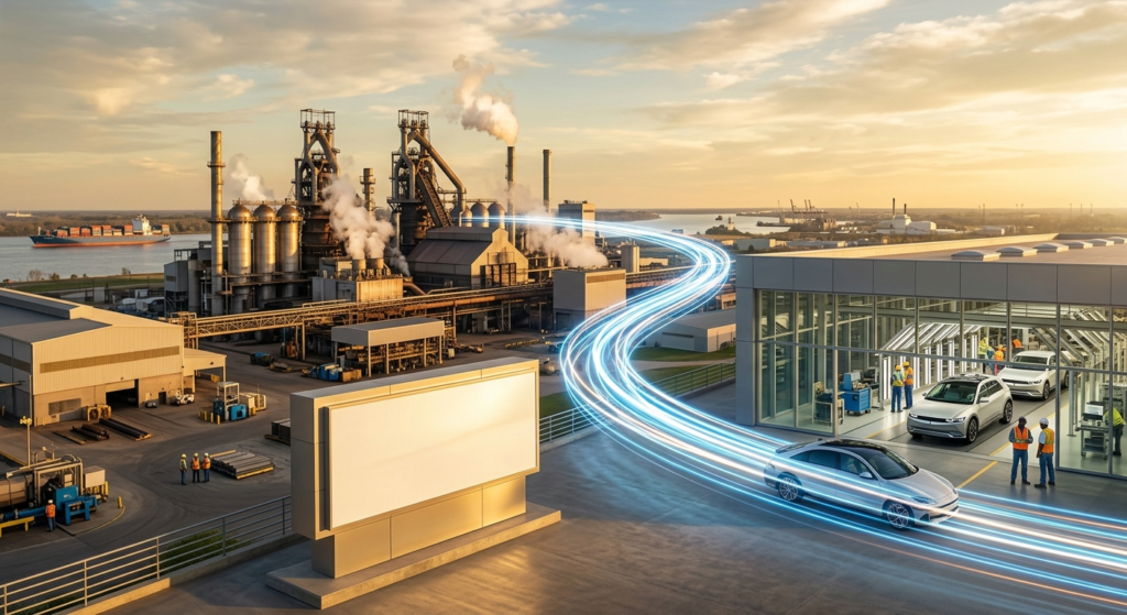 Industrial factory connected to a modern facility by glowing digital light streams and finished cars.