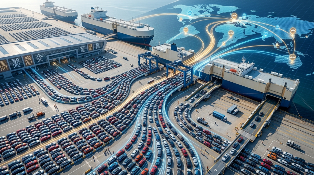 Aerial view of a bustling shipping port with cargo ships and numerous cars lined up for global export.