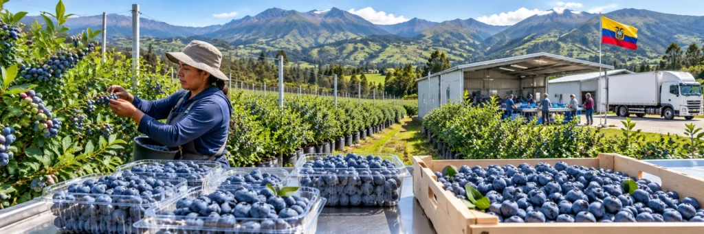 A worker harvesting ripe blueberries in a lush mountain vineyard in Ecuador, with packed plastic containers and a delivery truck in the background.