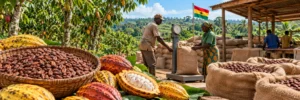 Workers weigh and pack harvested cocoa beans into burlap sacks at an outdoor processing facility in Ghana, surrounded by fresh, colorful cocoa pods.