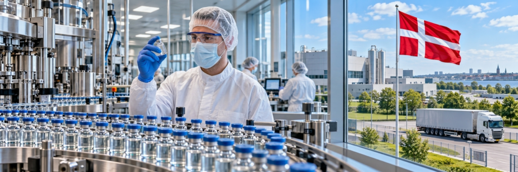 A laboratory scientist inspects a medical vial on an automated pharmaceutical production line under the Danish flag.